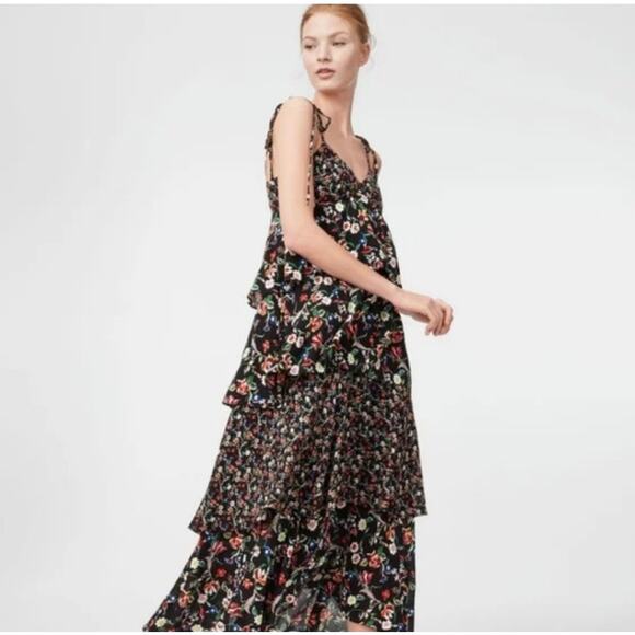 Club Monaco Suuki Midi Dress Womens 10 Black Floral Tiered Layered Feminine Bow - Picture 1 of 9